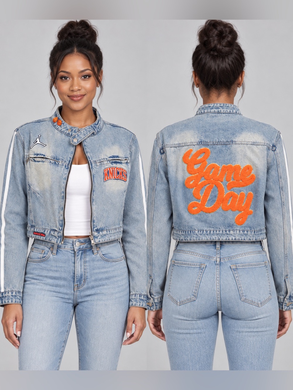 Upcycled NY Knicks inspired Lt Wash 'Game Day' Denim striped sleeve jacket sz L